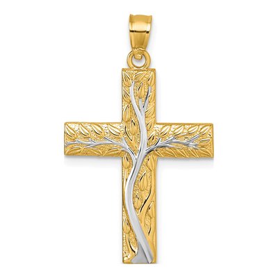 14K Yellow Gold Floral Tree Cross Pendant