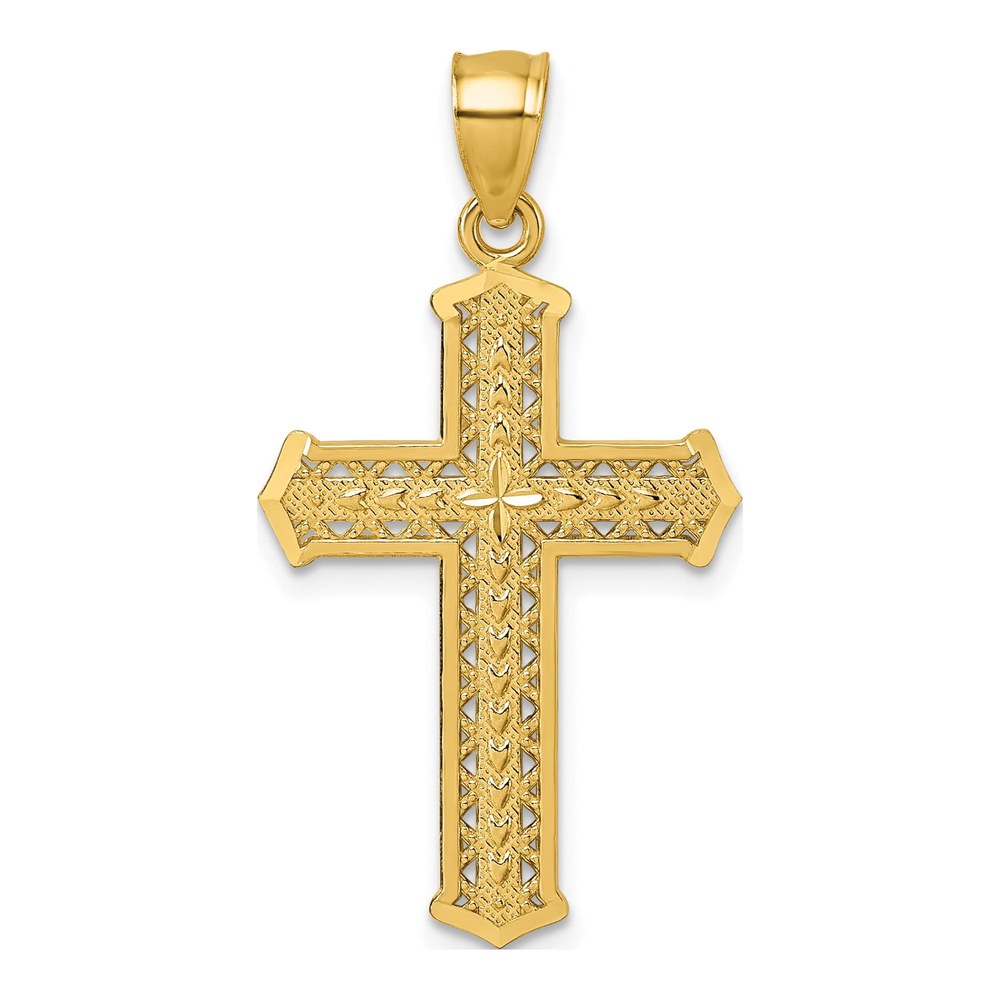 14K Polished Diamond-Cut Textured Fancy Pierced Design Cross Pendant