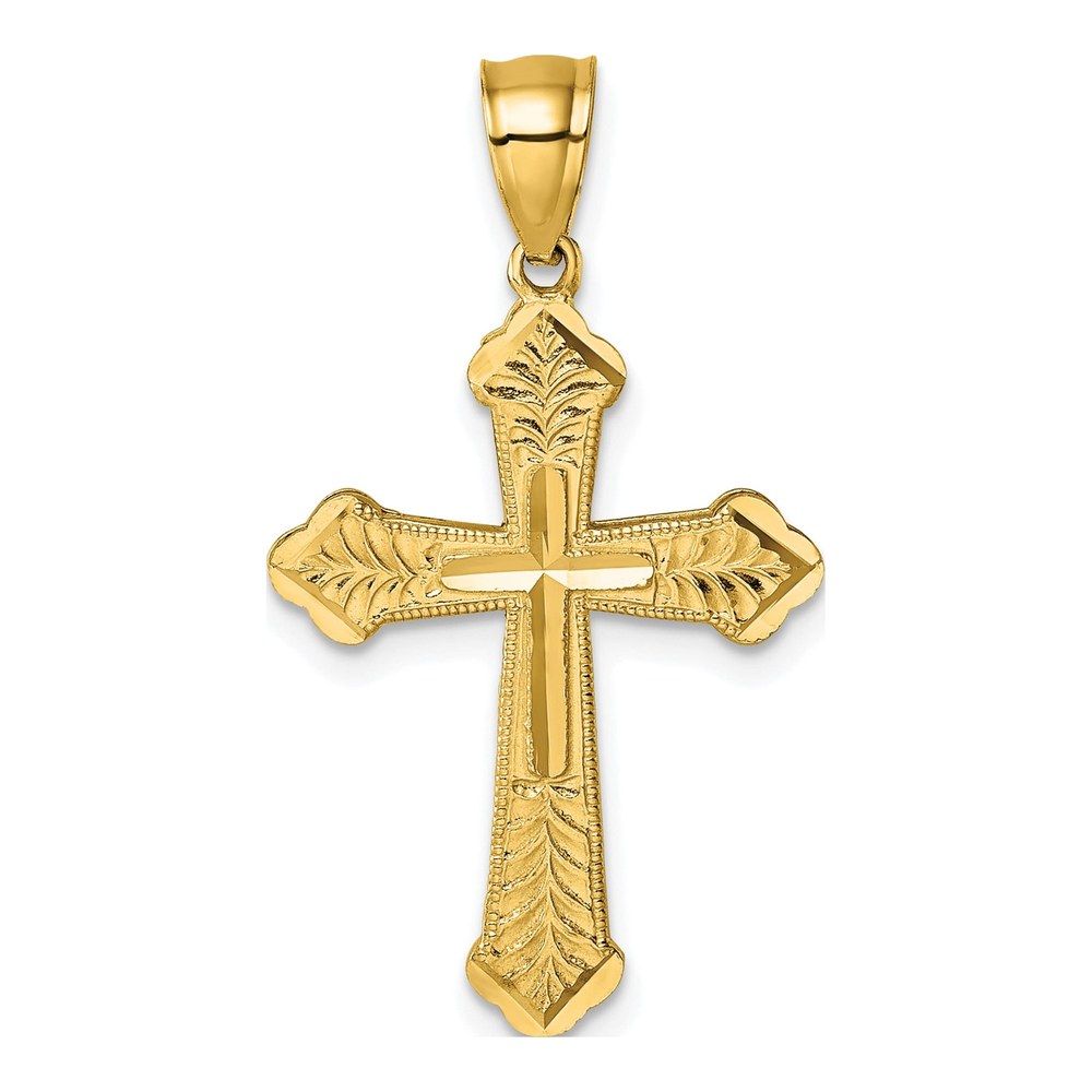 14K Polished Diamond-Cut Textured Fancy Budded Cross Pendant