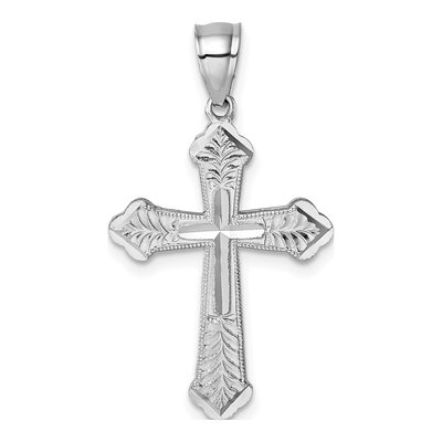 14K White Gold Diamond-Cut Budded Cross Pendant