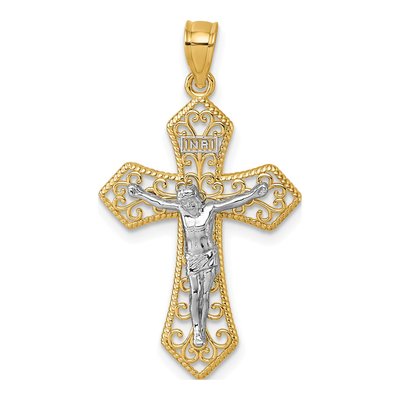 14K Two-Tone Gold Filigree Crucifix Pendant