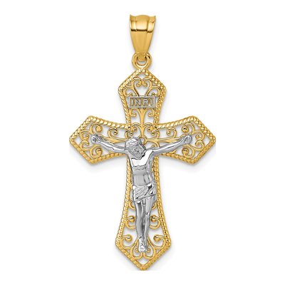 14K Two-Tone Gold Filigree Crucifix Pendant