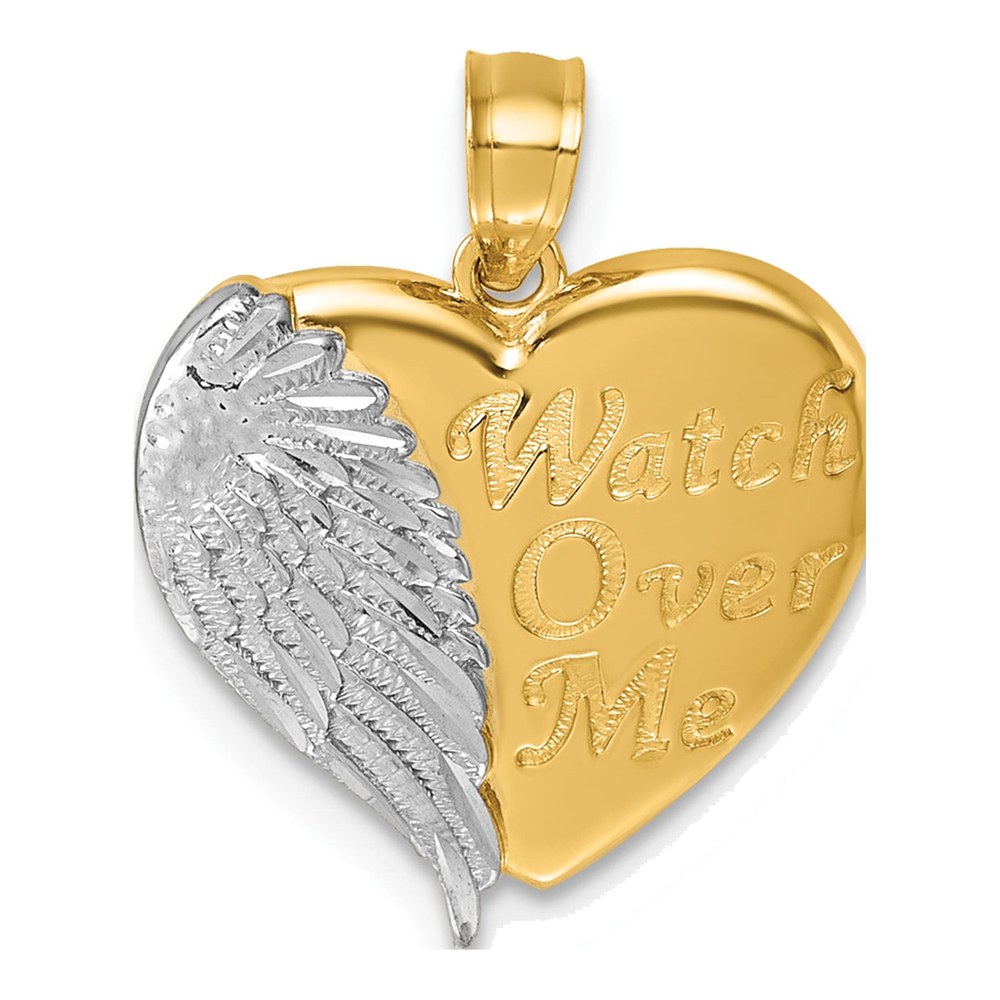 14K And White Rhodium Diamond-Cut Heart With Wing Watch Over Me Pendant