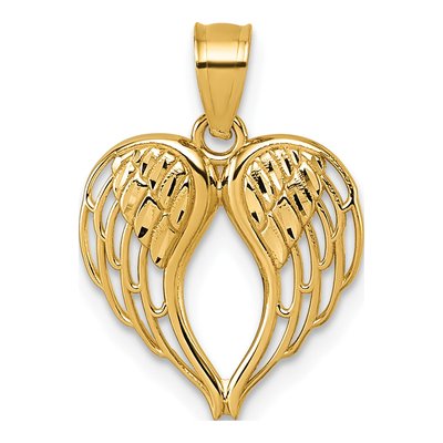 14K Yellow Gold Diamond-Cut Wings Heart Pendant