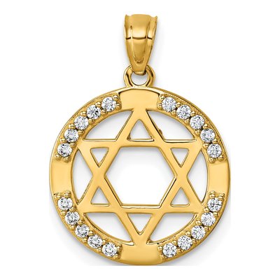 14K Yellow Gold CZ Star of David Circle Pendant