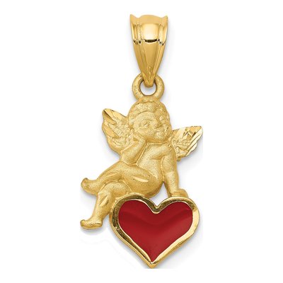 14K Yellow Gold Red Enamel Angel on Heart Pendant