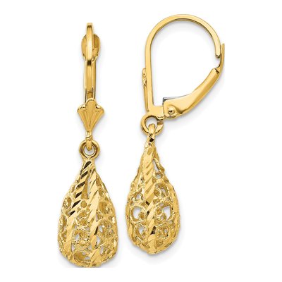 14K Yellow Gold Filigree Teardrop Leverback Earrings