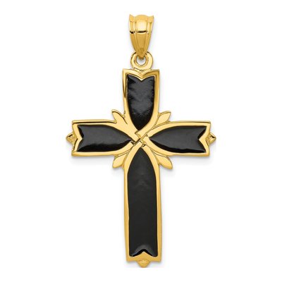 14K Yellow Gold Black Enamel Latin Cross Pendant
