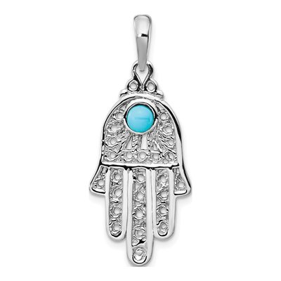 14K White Gold Turquoise Filigree Chamseh Pendant