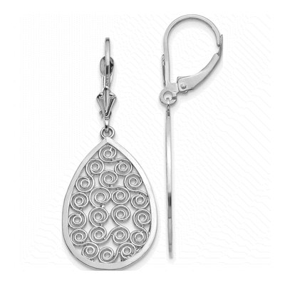 14K White Gold Filigree Teardrop Leverback Earrings
