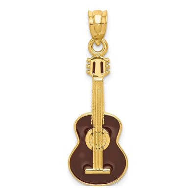 14K Yellow Gold Brown Enamel Guitar Pendant