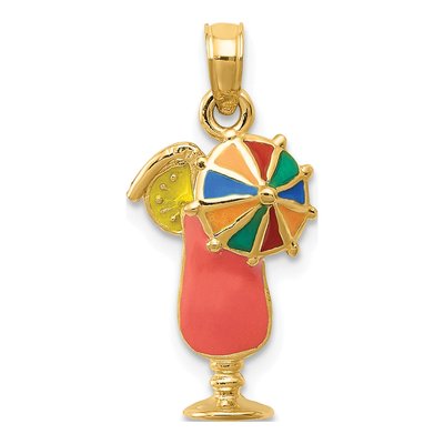 14K Yellow Gold Pink Enameled Tropical Drink Pendant