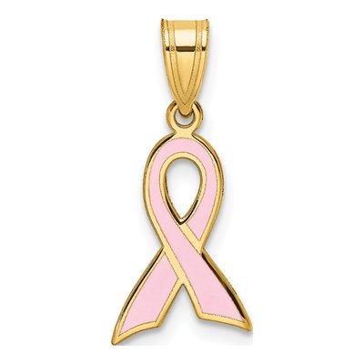 14K Yellow Gold Pink Enamel Awareness Ribbon Pendant