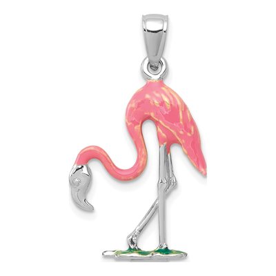 14K White Gold Enameled 3D Pink Flamingo Pendant