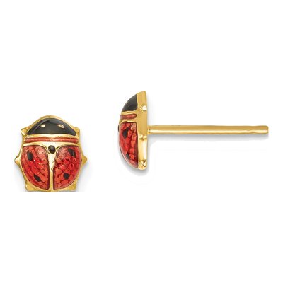 14K Yellow Gold Red Black Enamel Ladybug Stud Earrings