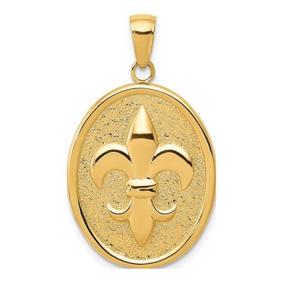 14K Yellow Gold Fleur-De-Lis Oval Disk Pendant
