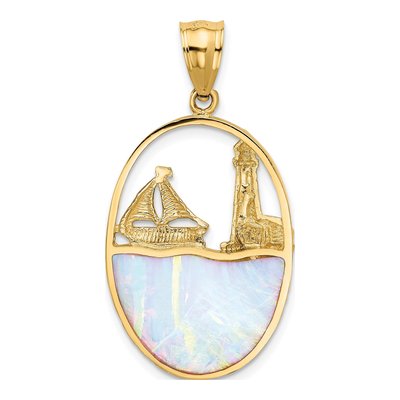 14K Yellow Gold Lab-Created Opal Lighthouse Pendant – view 4