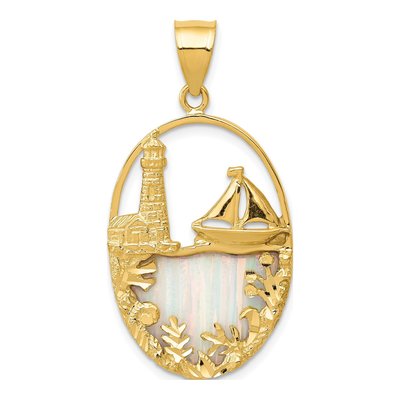14K Yellow Gold Lab-Created Opal Lighthouse Pendant