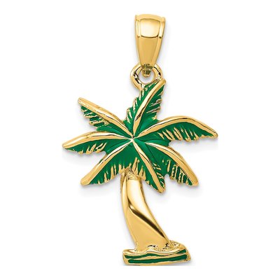 14K Yellow Gold Enameled Palm Tree Pendant