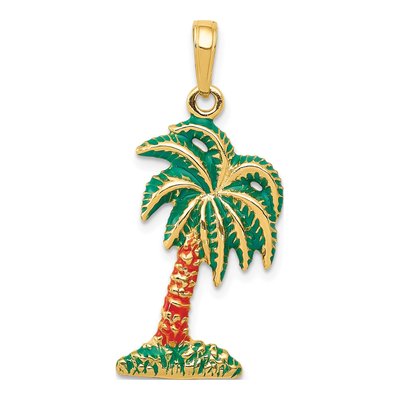 14K Yellow Gold Enameled Palm Tree Pendant