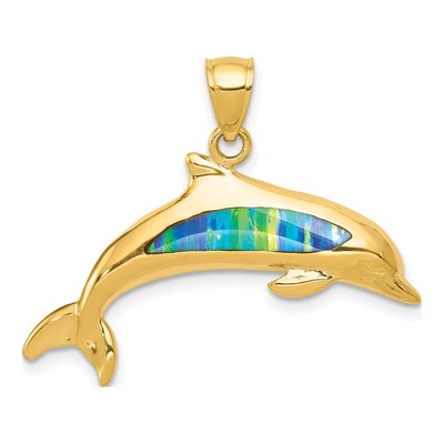 14K Yellow Gold Lab-Created Opal Dolphin Pendant