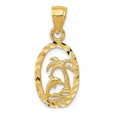 14K Yellow Gold Dolphin Palm Tree Pendant