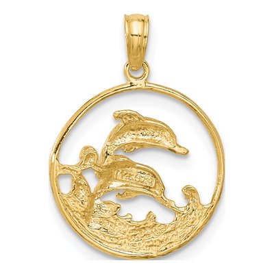 14K Yellow Gold Double Dolphin Circle Pendant – view 4