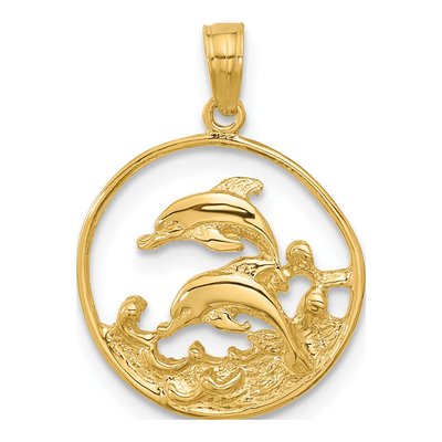 14K Yellow Gold Double Dolphin Circle Pendant