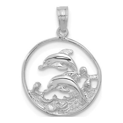 14K White Gold Double Dolphin Circle Pendant