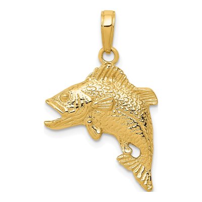14K Yellow Gold Jumping Bass Fish Pendant