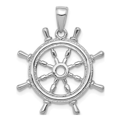 14K White Gold 3-D Ships Wheel Pendant