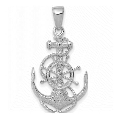 14K White Gold Anchor Ship's Wheel Pendant