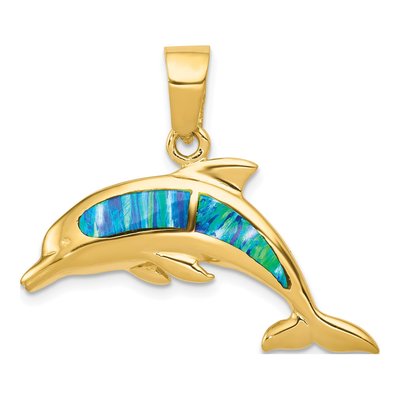 14K Yellow Gold Lab-Created Opal Dolphin Pendant