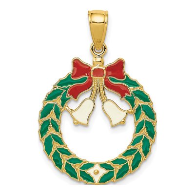 14K Yellow Gold Enameled Christmas Wreath Pendant
