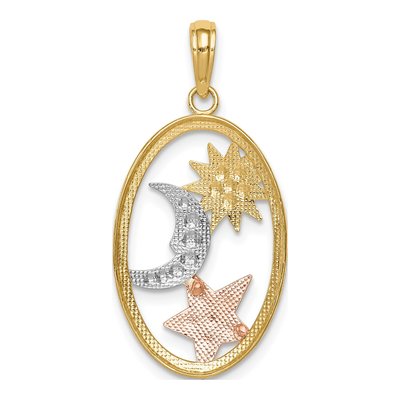 14K Two-Tone Gold Sun Moon Star Oval Pendant – view 5