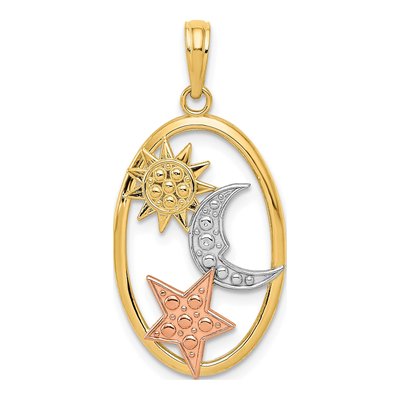 14K Two-Tone Gold Sun Moon Star Oval Pendant