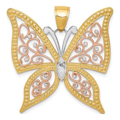 14K Two-Tone Gold Diamond-Cut Filigree Butterfly Pendant