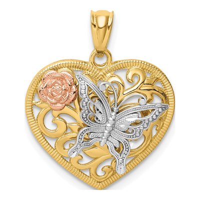 14K Tri-Color Gold Butterfly Heart Pendant