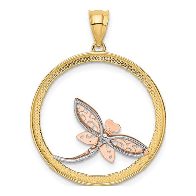 14K Two-Tone Gold Dragonfly Circle Pendant – view 4