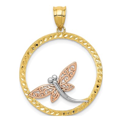 14K Two-Tone Gold Dragonfly Circle Pendant