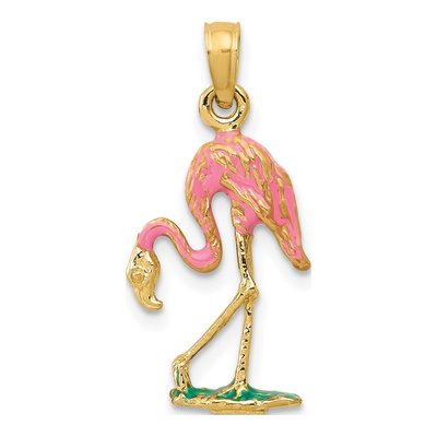 14K Yellow Gold Enameled Pink Flamingo Pendant