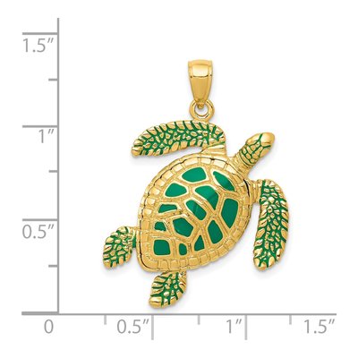 14K Yellow Gold Green Enamel Sea Turtle Pendant – view 5