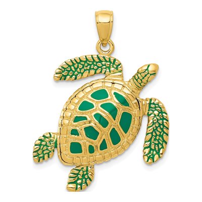 14K Yellow Gold Green Enamel Sea Turtle Pendant