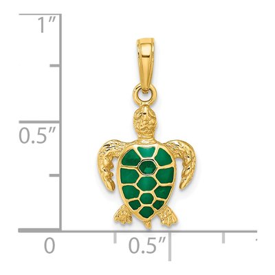 14K Yellow Gold Green Enamel Sea Turtle Pendant – view 5