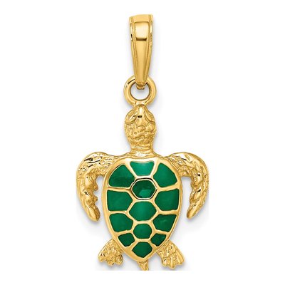14K Yellow Gold Green Enamel Sea Turtle Pendant