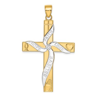 14K Yellow Gold Hope Faith Love Believe Cross Pendant