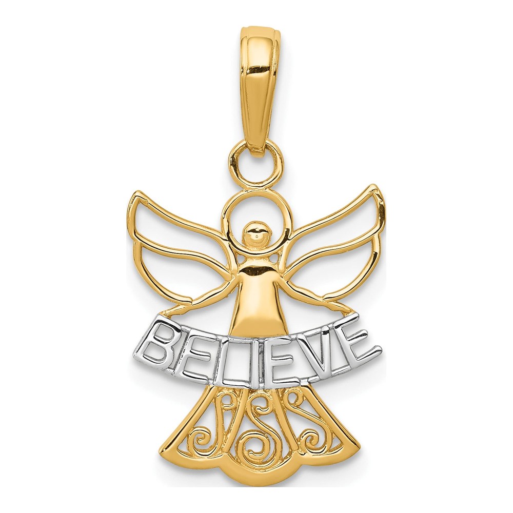14K Gold BELIEVE Angel Pendant, Rhodium Accent