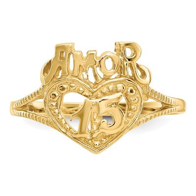 14K Yellow Gold Quinceanera AMOR 15-Heart Ring – view 6