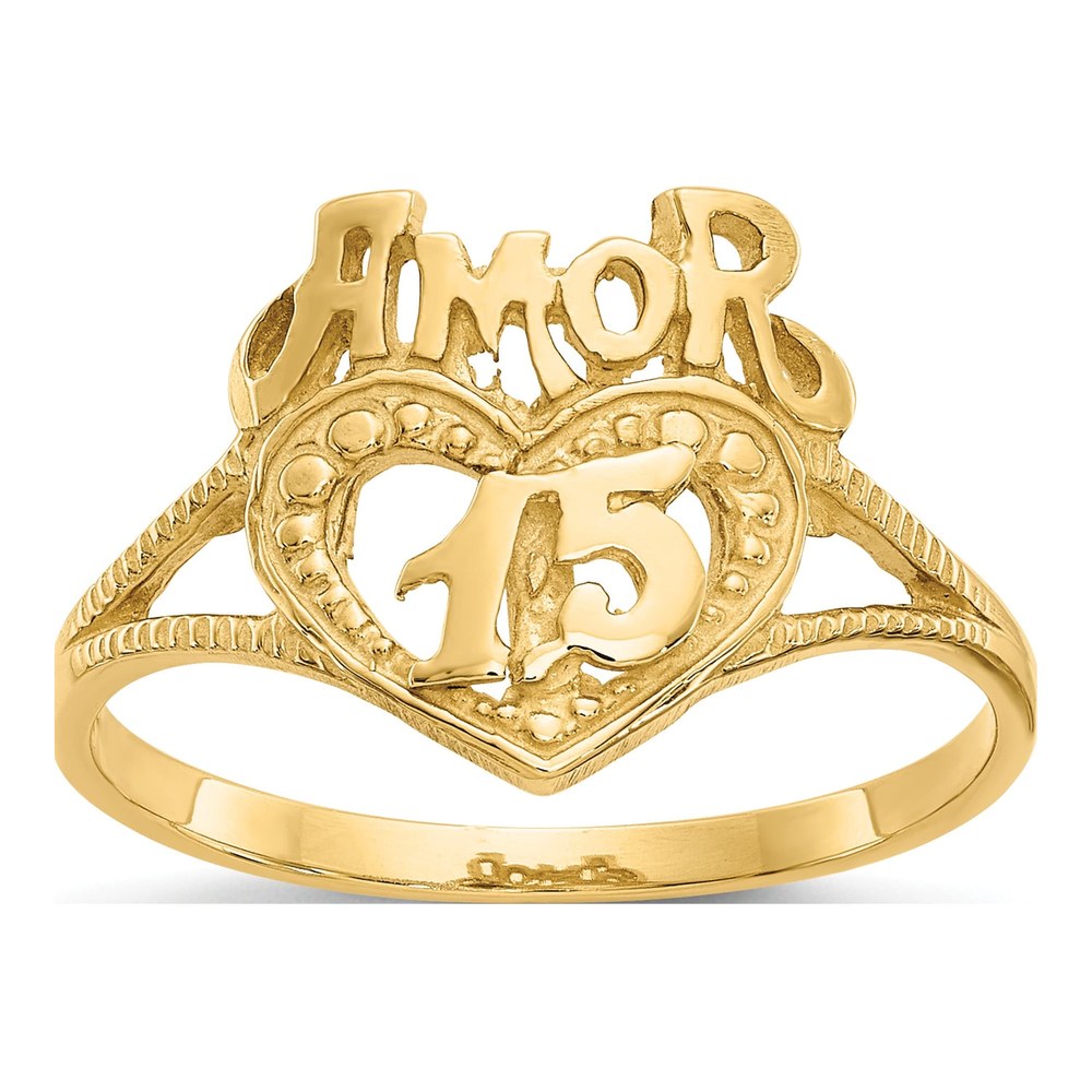 14K Yellow Gold Quinceanera AMOR 15-Heart Ring