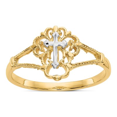 14K Two-Tone Gold Diamond-Cut Cross Ring